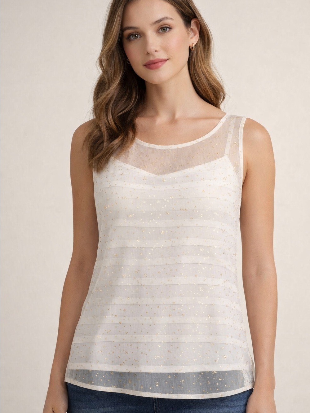 Loft Sheer Fairy Coquette Dot-Stripe Tank Top - White with Gold Accent
